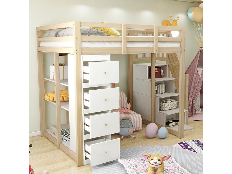 Lit mezzanine 140x200 cm en bois massif avec tiroirs et échelle sécurisée avec tiroirs – Lit multifonction, couleur bois