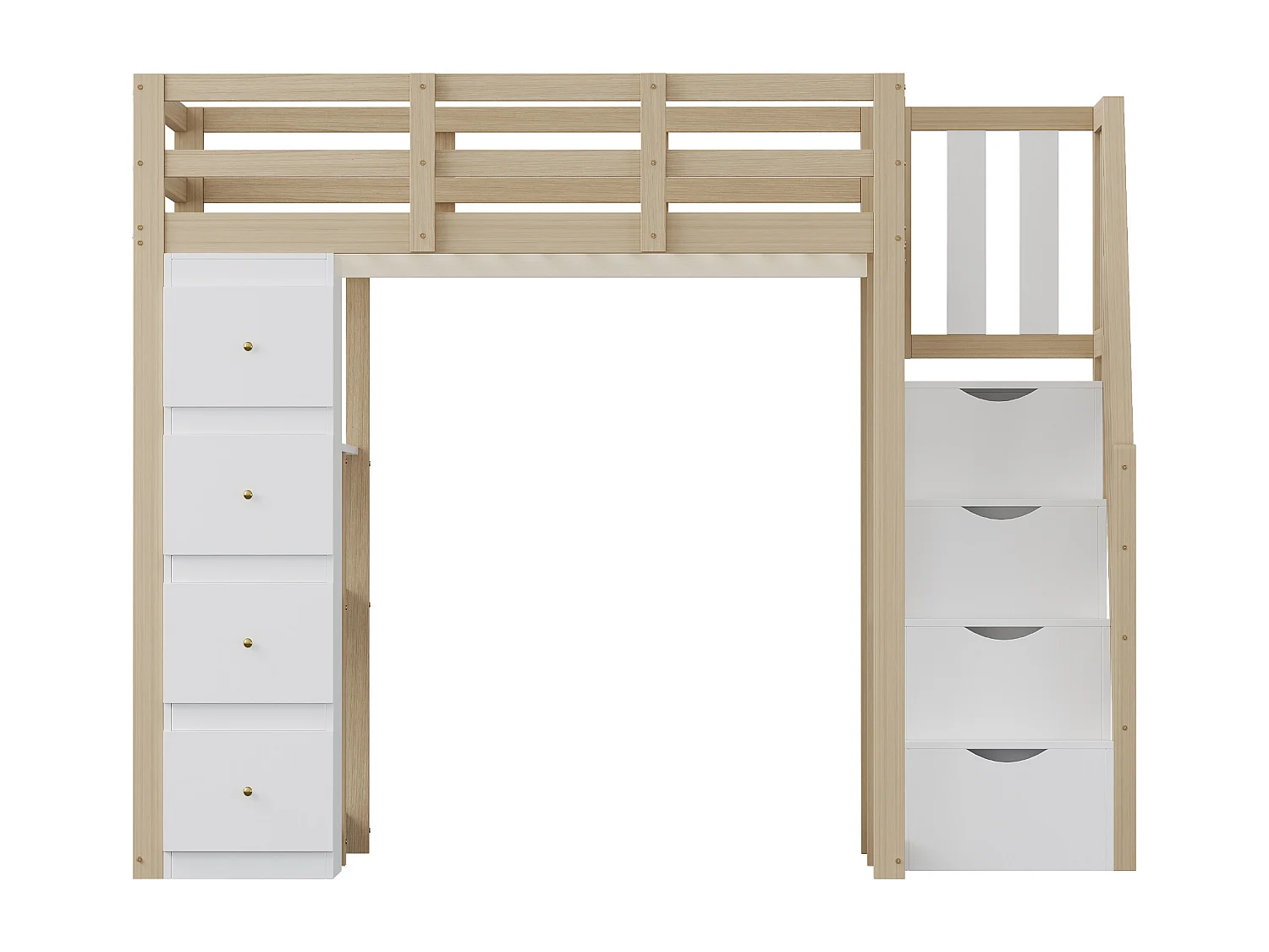 Lit mezzanine 140x200 cm en bois massif avec tiroirs et échelle sécurisée avec tiroirs – Lit multifonction, couleur bois