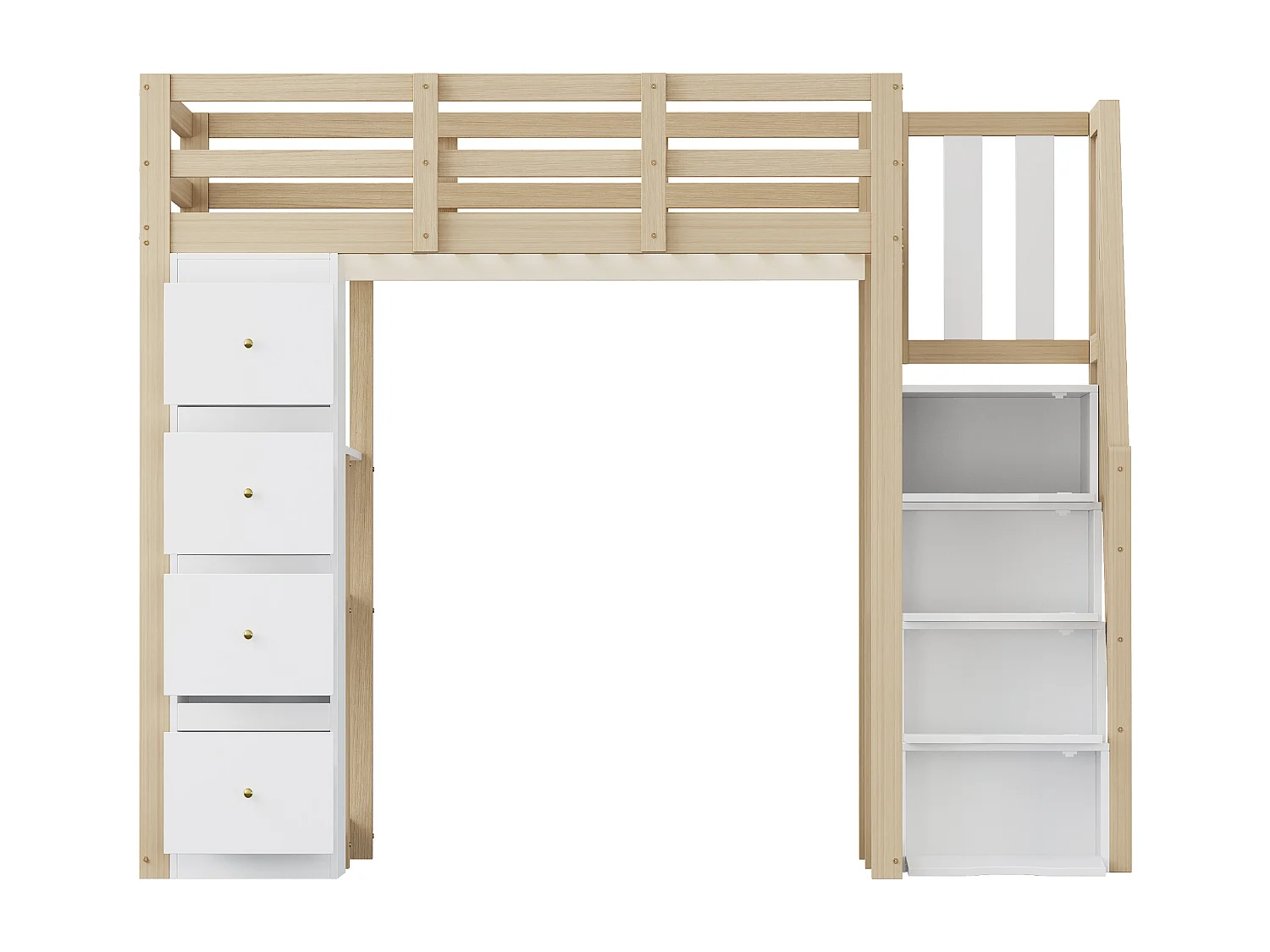 Lit mezzanine 140x200 cm en bois massif avec tiroirs et échelle sécurisée avec tiroirs – Lit multifonction, couleur bois