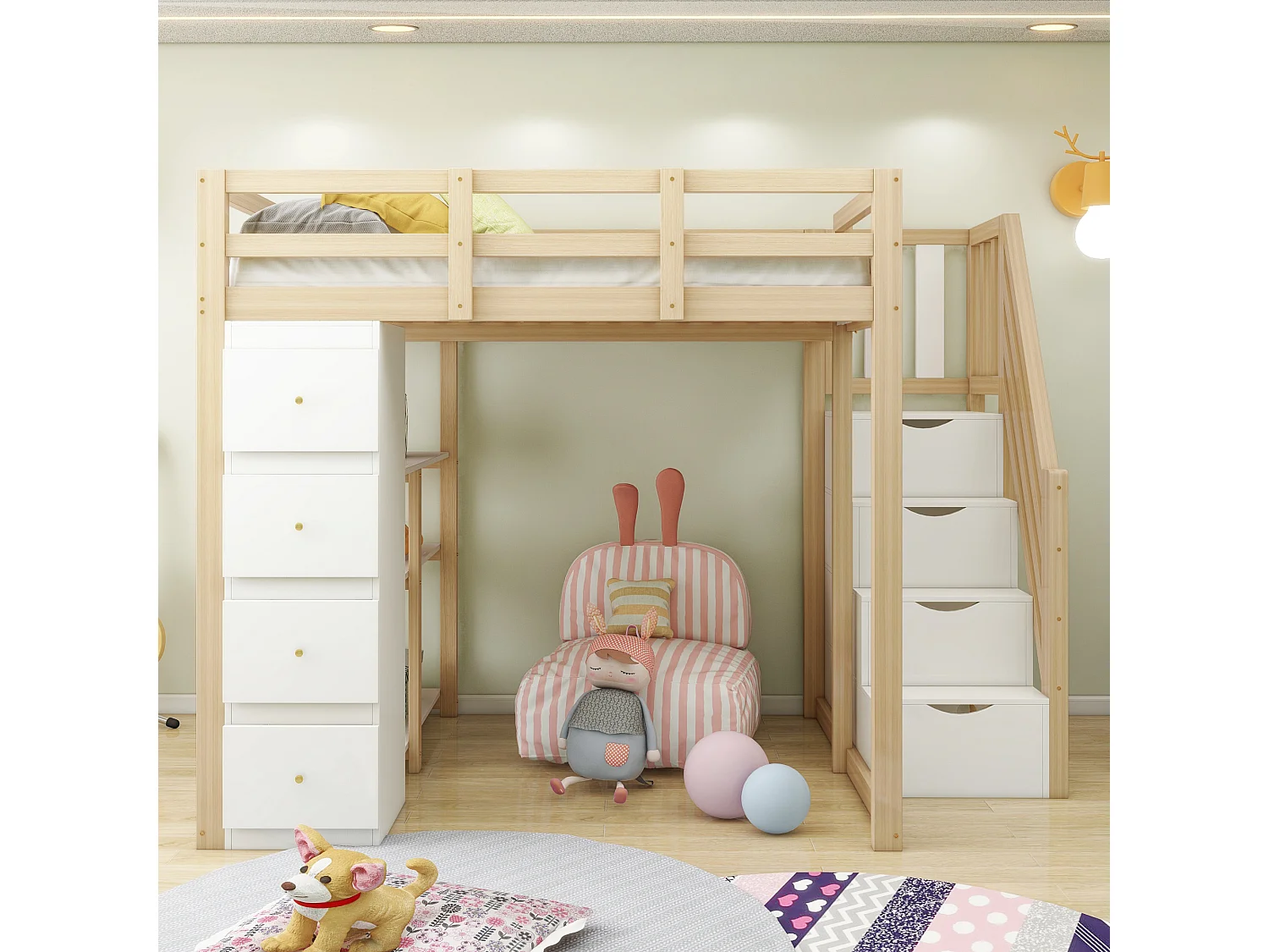 Lit mezzanine 140x200 cm en bois massif avec tiroirs et échelle sécurisée avec tiroirs – Lit multifonction, couleur bois