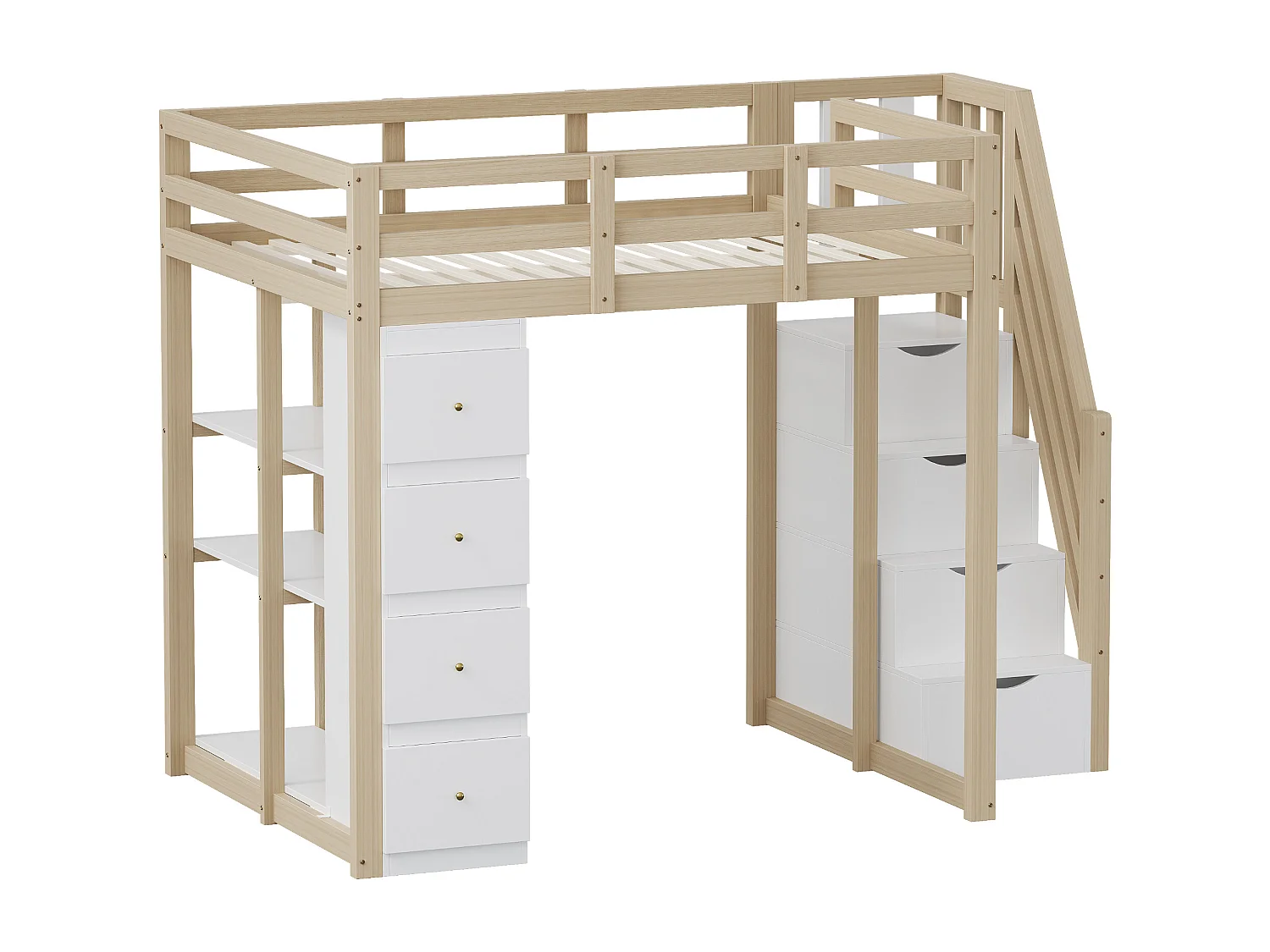 Lit mezzanine 140x200 cm en bois massif avec tiroirs et échelle sécurisée avec tiroirs – Lit multifonction, couleur bois