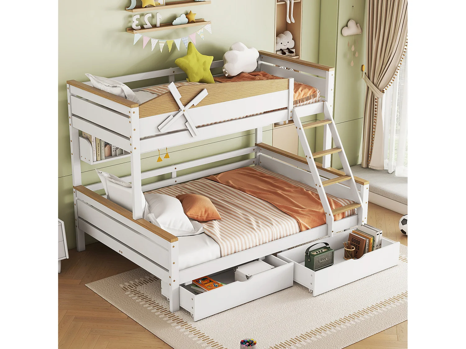 Lit superposé enfant 90x200cm ou 140x200cm blanc et bois avec moulin à vent, barrières colorées et tiroirs – Lit pratique et ludique