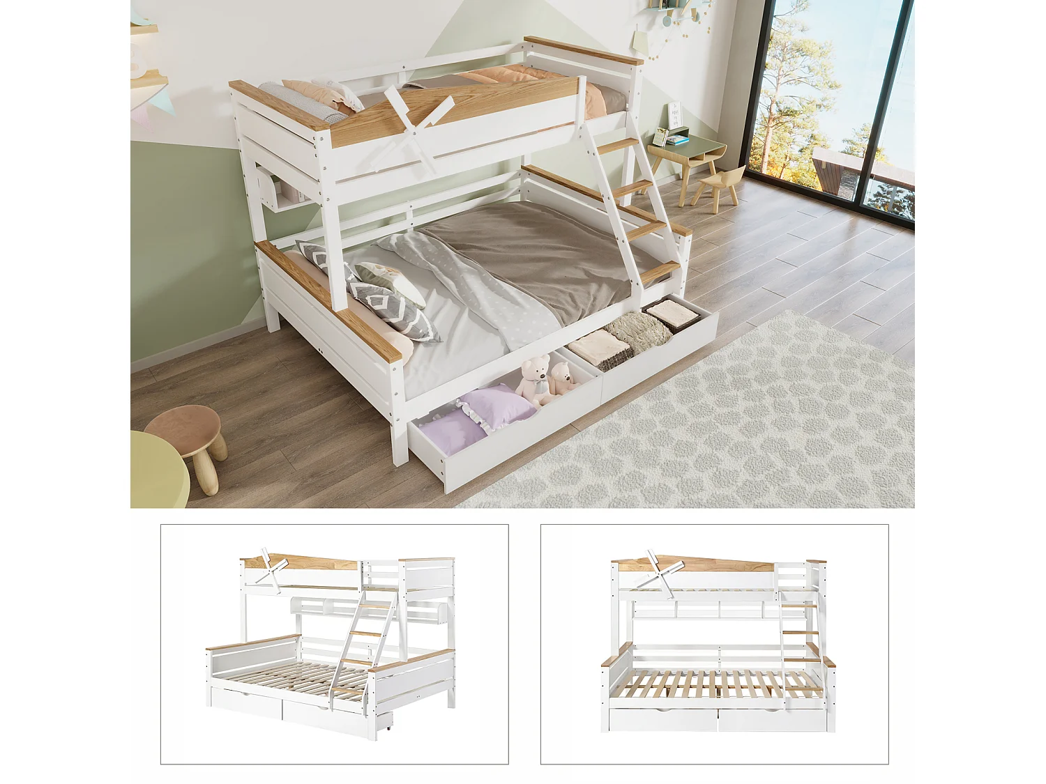 Lit superposé enfant 90x200cm ou 140x200cm blanc et bois avec moulin à vent, barrières colorées et tiroirs – Lit pratique et ludique