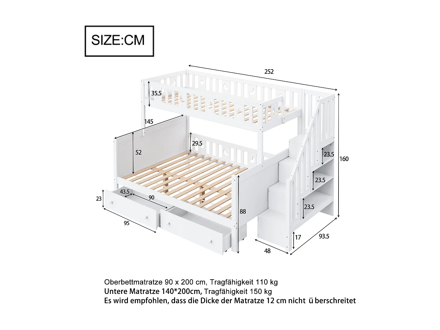 Litera infantil de 90x200/140x200 cm en madera maciza blanca con escalera de seguridad, 2 cajones grandes y somier de láminas incluido.