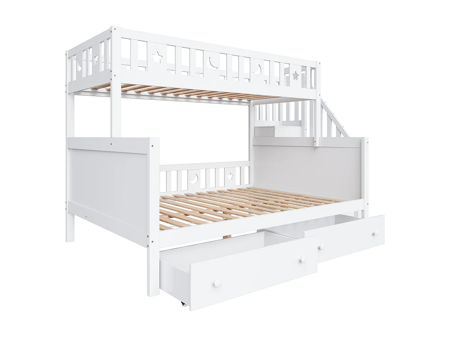 Litera infantil de 90x200/140x200 cm en madera maciza blanca con escalera de seguridad, 2 cajones grandes y somier de láminas incluido.