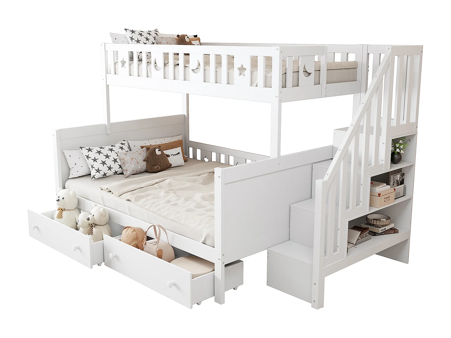 Litera infantil de 90x200/140x200 cm en madera maciza blanca con escalera de seguridad, 2 cajones grandes y somier de láminas incluido.