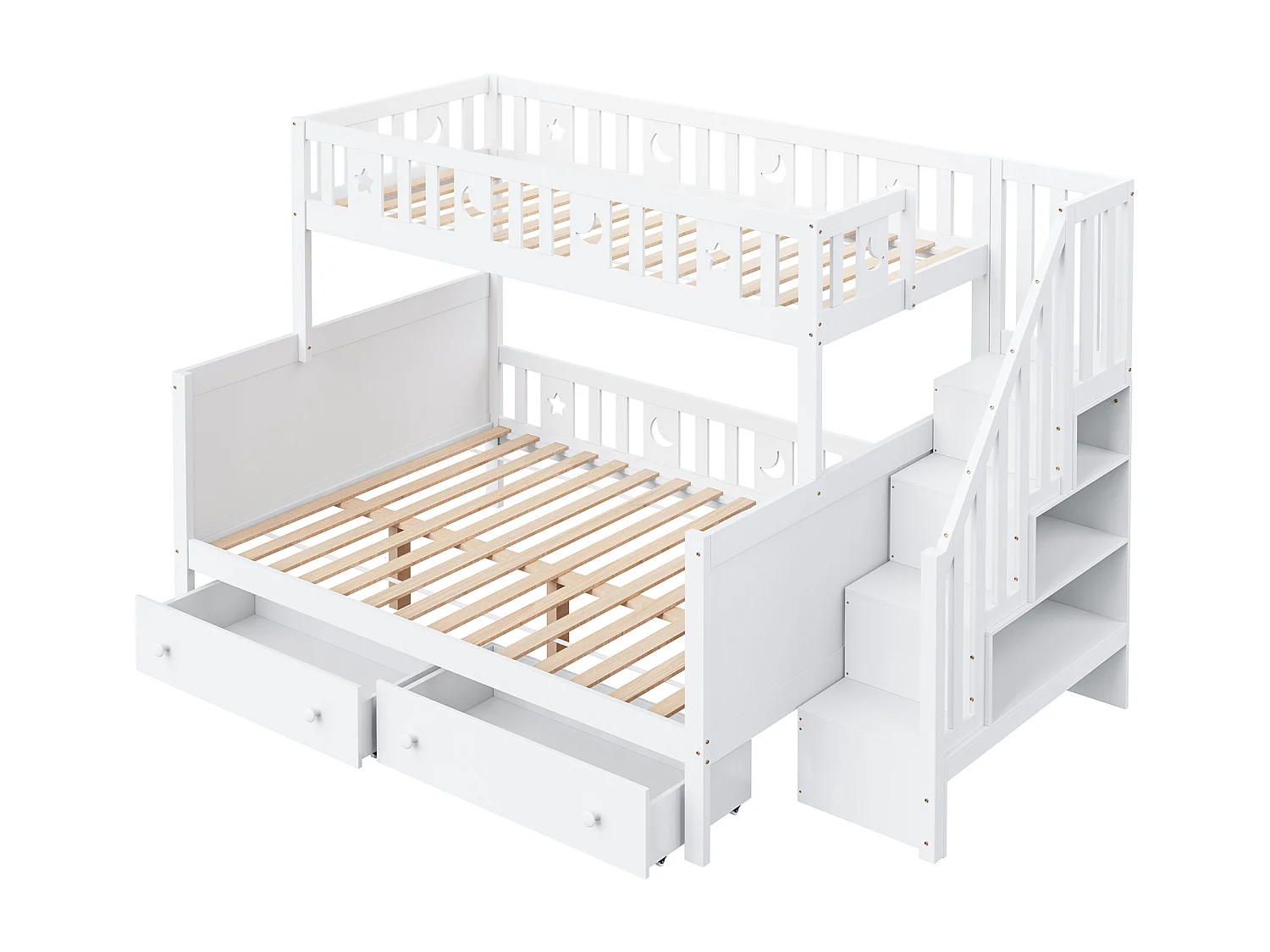 Lit superposé pour enfant 90x200/140x200 cm en bois massif blanc avec escalier sécurisé, 2 grands tiroirs et sommier inclus