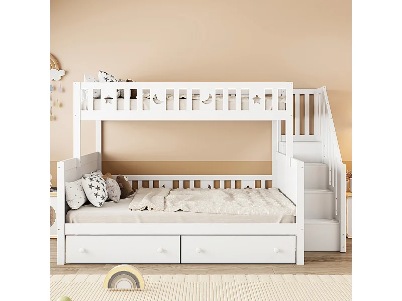 Beliche infantil 90x200/140x200 cm em madeira maciça branca com escada de segurança, 2 gavetas grandes e estrado de ripas incluído.