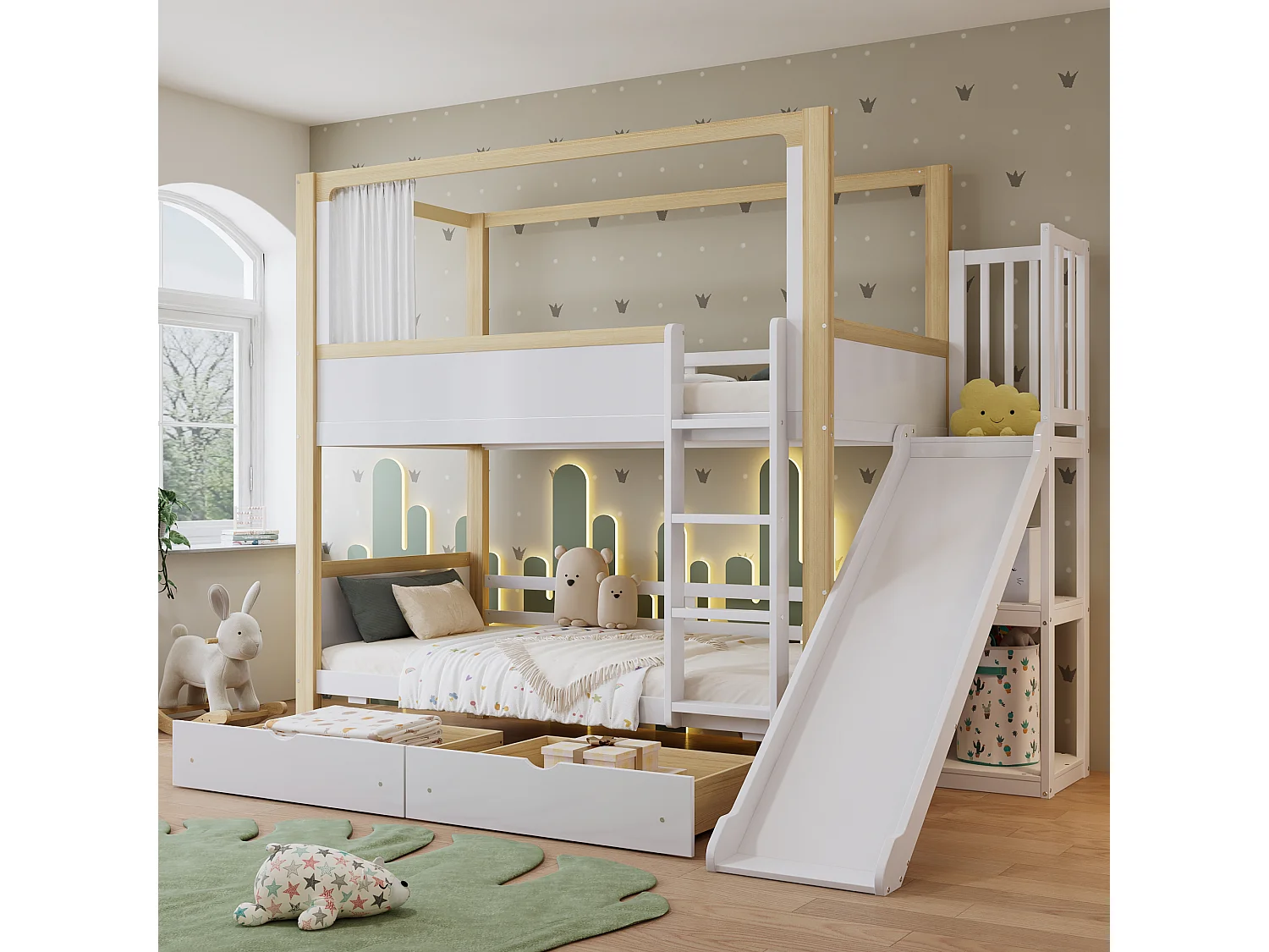 Litera infantil de 90x200 cm blanca/natural con tobogán, 2 cajones con ruedas, cama superior con cortina – pino, MDF y contrachapado