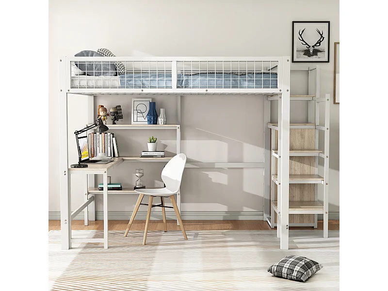 Lit mezzanine 140x200 cm en métal avec échelle de rangement, plusieurs étagères, armoire et bureau, sans matelas, blanc