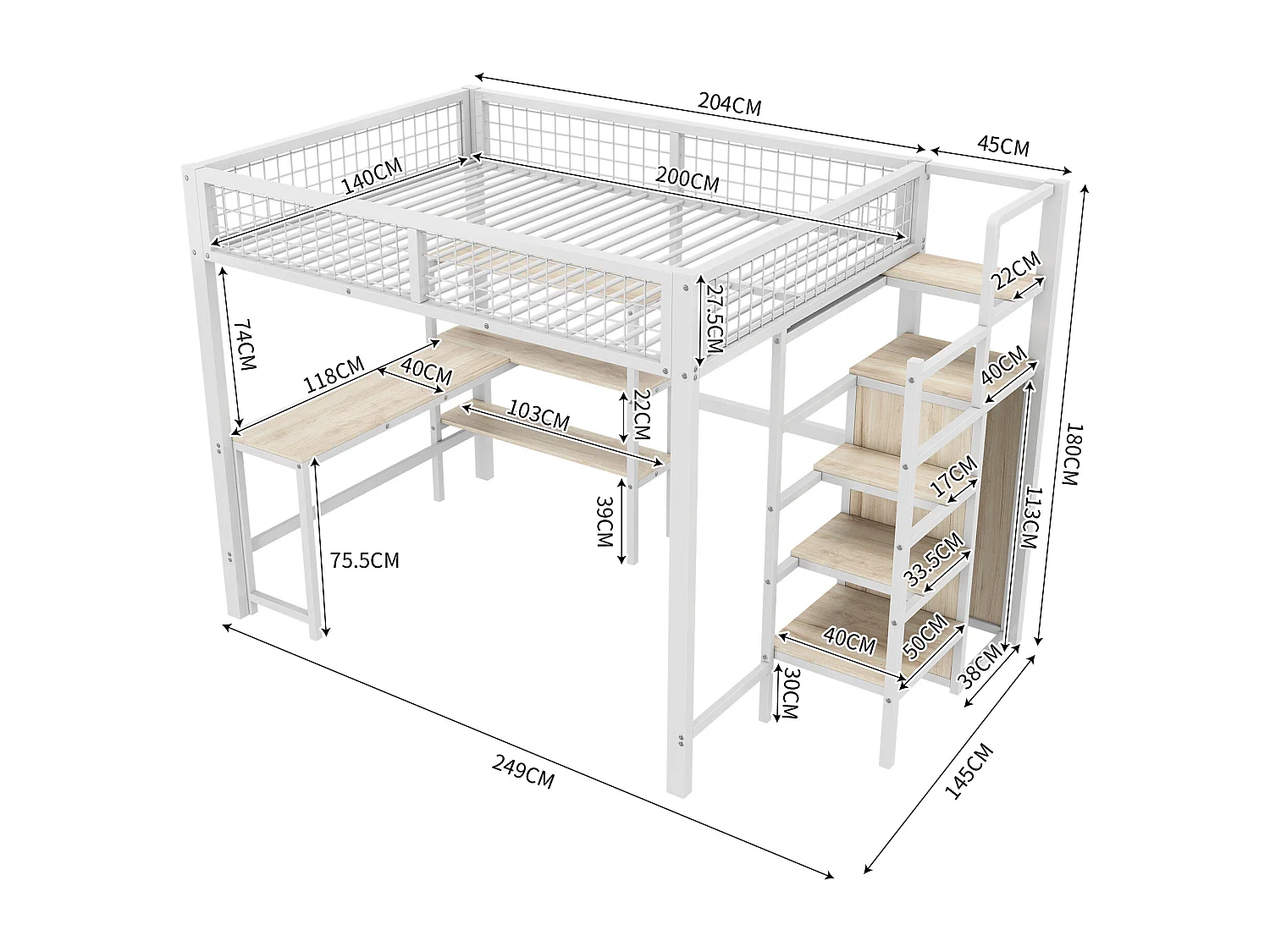 Lit mezzanine 140x200 cm en métal avec échelle de rangement, plusieurs étagères, armoire et bureau, sans matelas, blanc
