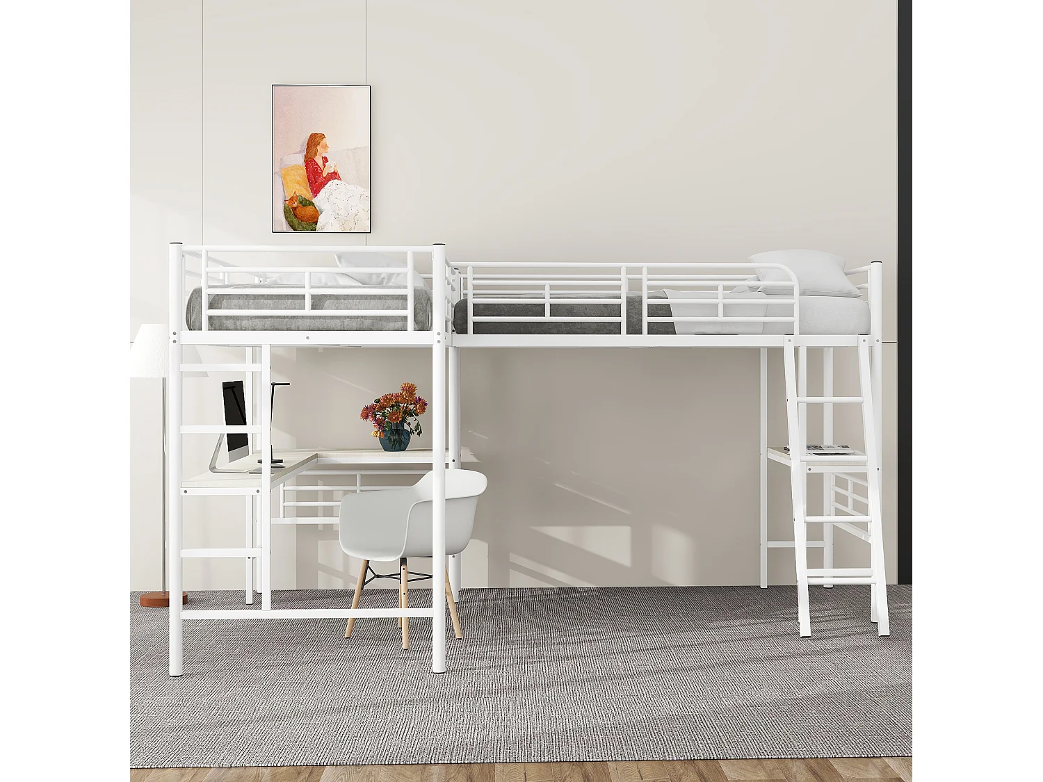 Hoogslaper met twee niveaus, 90x200 cm, geïntegreerd bureau onder het bed, veilige dubbele trap en hoge leuning, wit