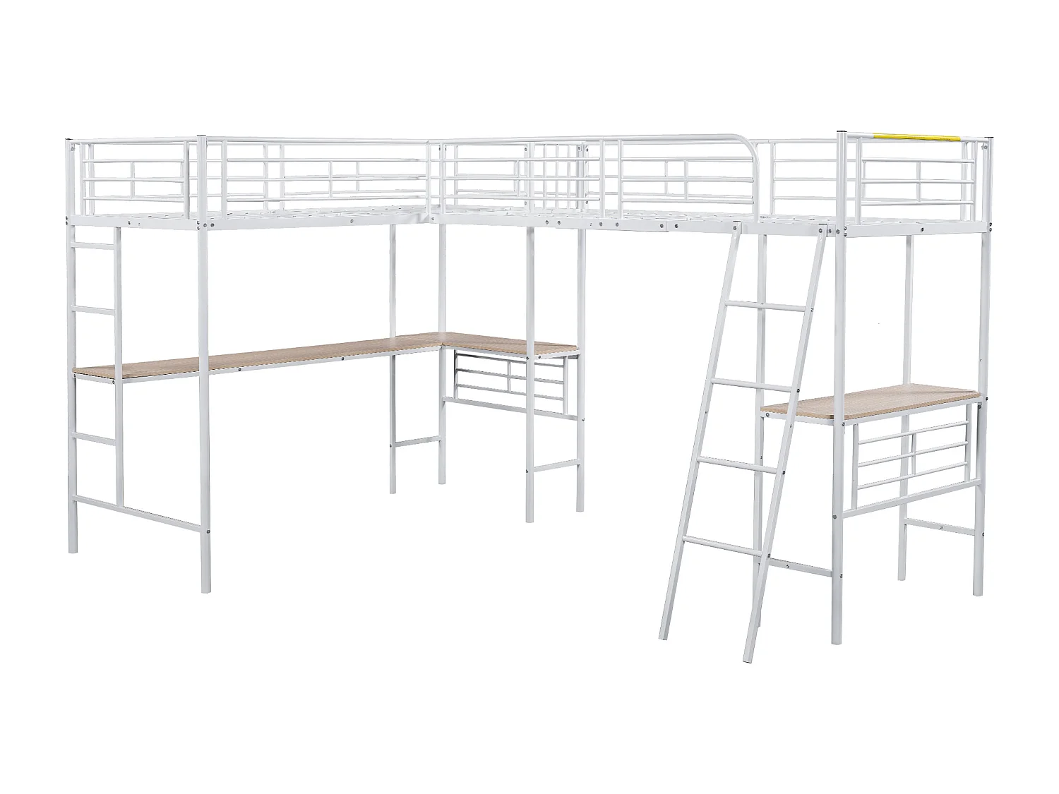 Hoogslaper met twee niveaus, 90x200 cm, geïntegreerd bureau onder het bed, veilige dubbele trap en hoge leuning, wit