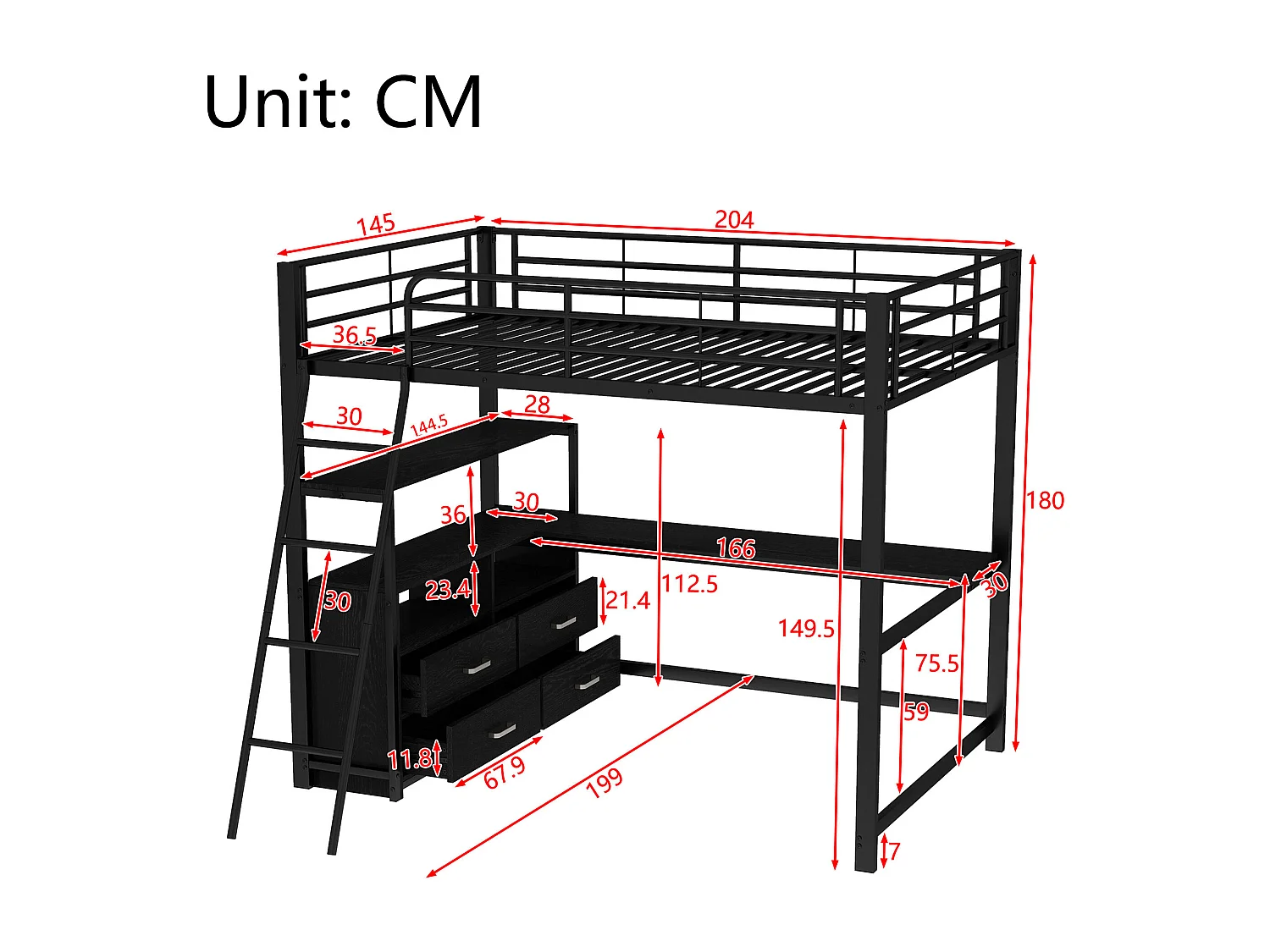 Lit mezzanine 140x200 cm en métal noir avec tiroirs pratiques et bureau en L – design en stratifié, lit moderne sans matelas