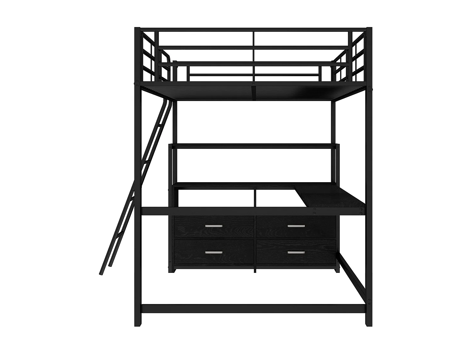 Lit mezzanine 140x200 cm en métal noir avec tiroirs pratiques et bureau en L – design en stratifié, lit moderne sans matelas