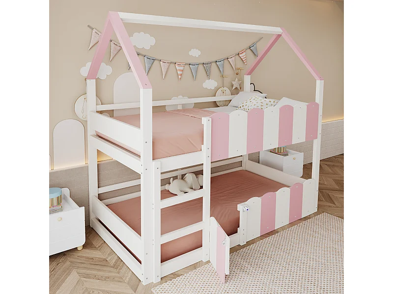 Roze stapelbed 90x200 cm voor kinderen met hoge leuningen en bovenste lattenbodem, veilig en praktisch