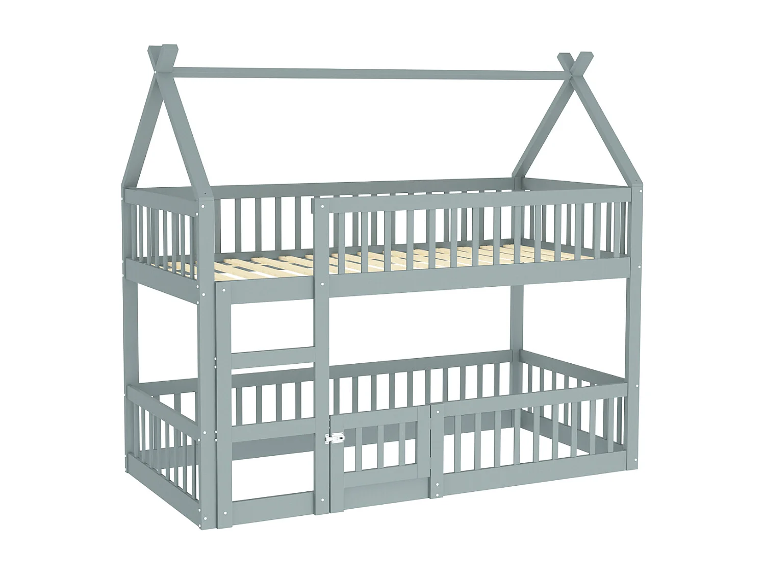 Lit superposé enfant 90x200cm gris en bois massif avec escalier – Lit familial style loft, solide, sûr et pratique pour enfants
