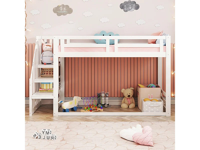 Lit superposé bas 90x200 cm en bois massif blanc avec sommier et escalier sécurisé – lit enfant pratique et sûr