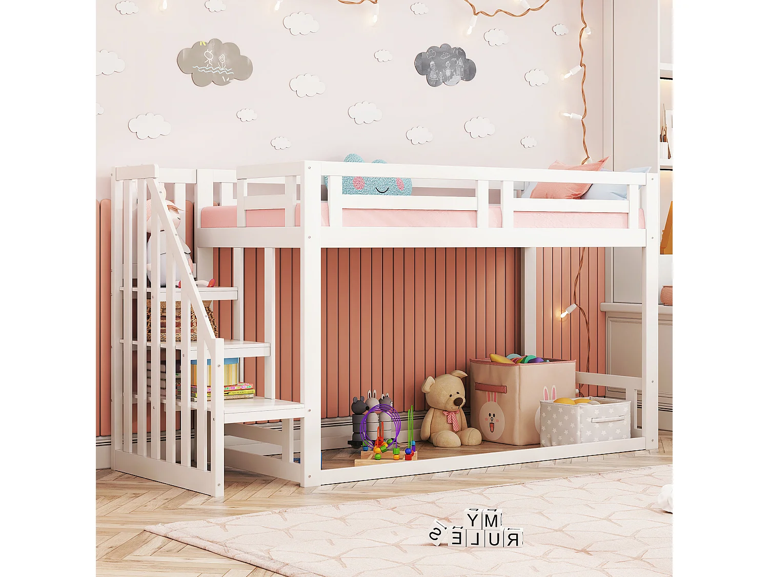 Lit superposé bas 90x200 cm en bois massif blanc avec sommier et escalier sécurisé – lit enfant pratique et sûr
