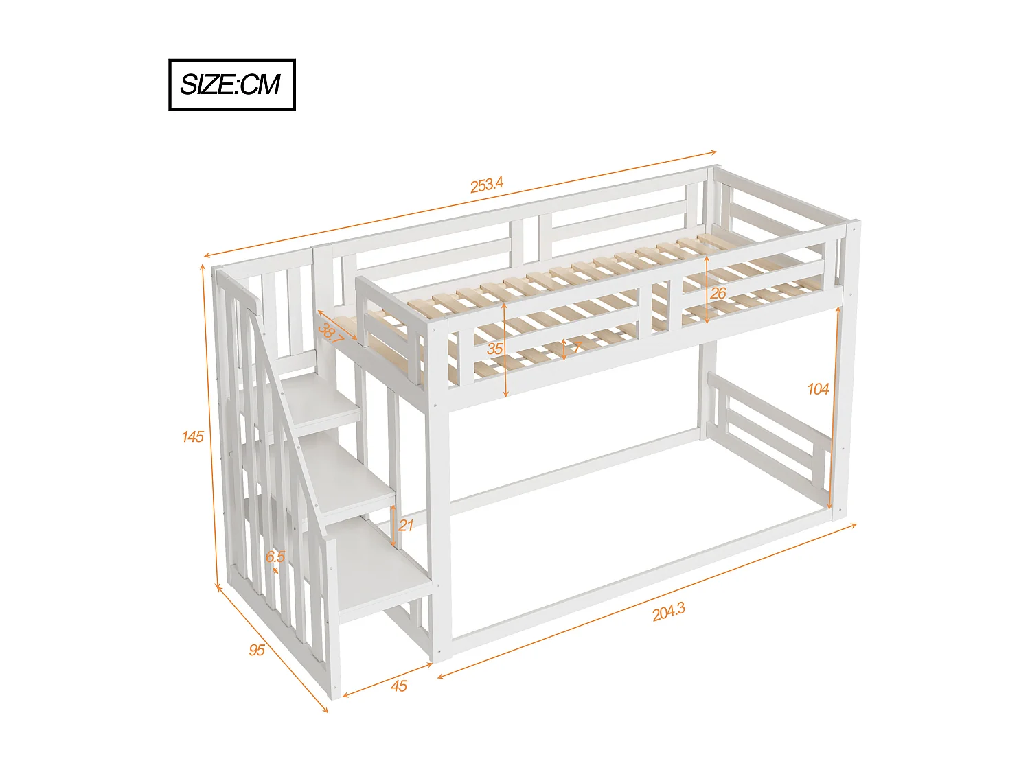 Lit superposé bas 90x200 cm en bois massif blanc avec sommier et escalier sécurisé – lit enfant pratique et sûr