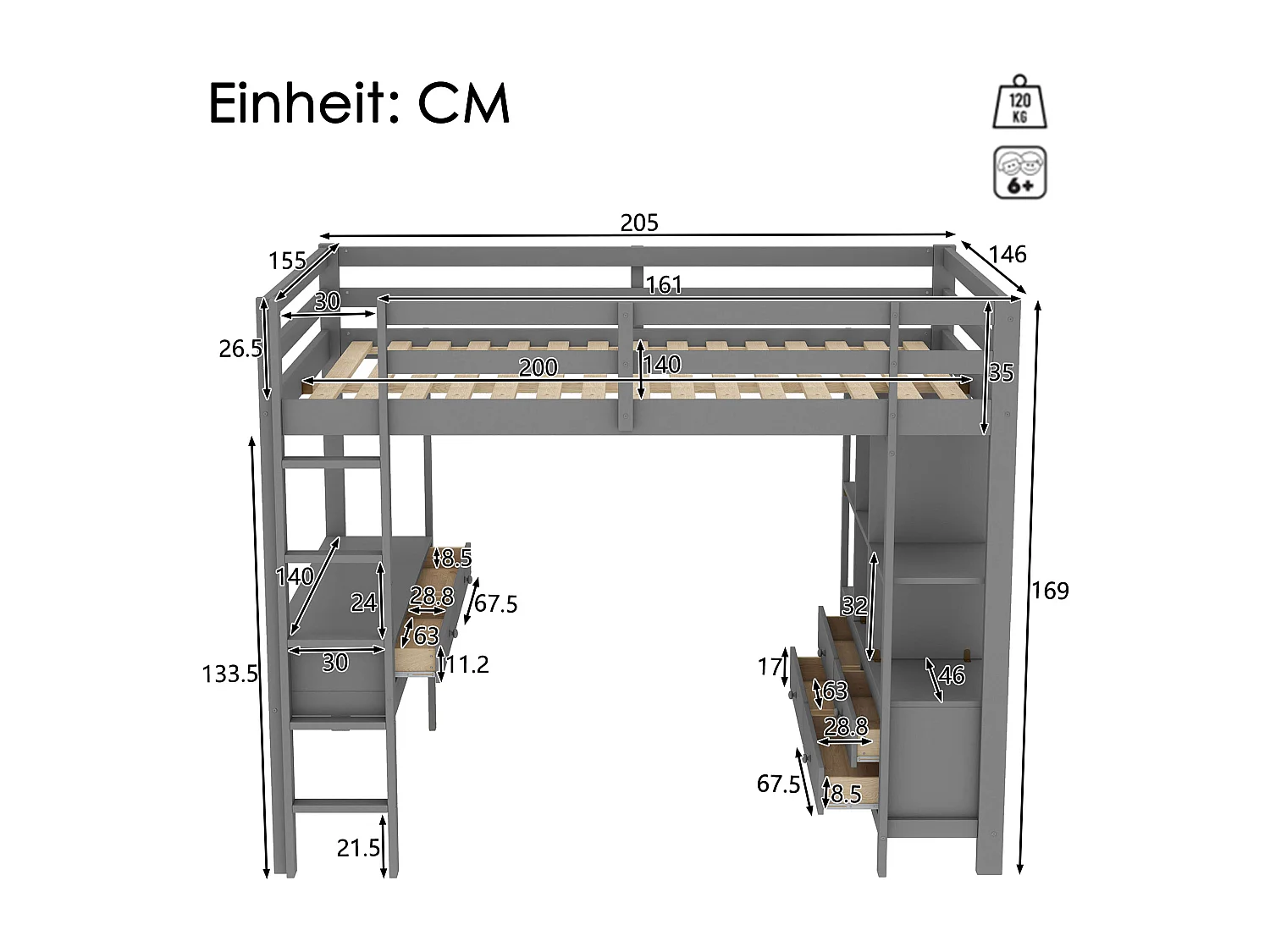 Lit mezzanine 140x200 cm pour enfants avec tiroirs de rangement et bureau intégré – sans matelas, coloris gris