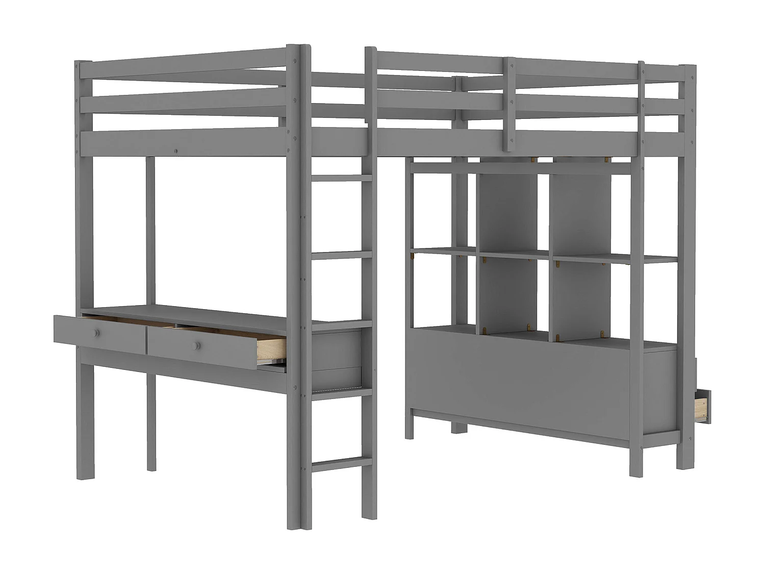 Lit mezzanine 140x200 cm pour enfants avec tiroirs de rangement et bureau intégré – sans matelas, coloris gris