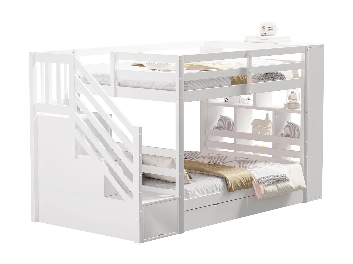 Litera infantil de pino blanco de 90x200 cm con escalera segura, cajones de almacenaje y estructura alta con somier de láminas.