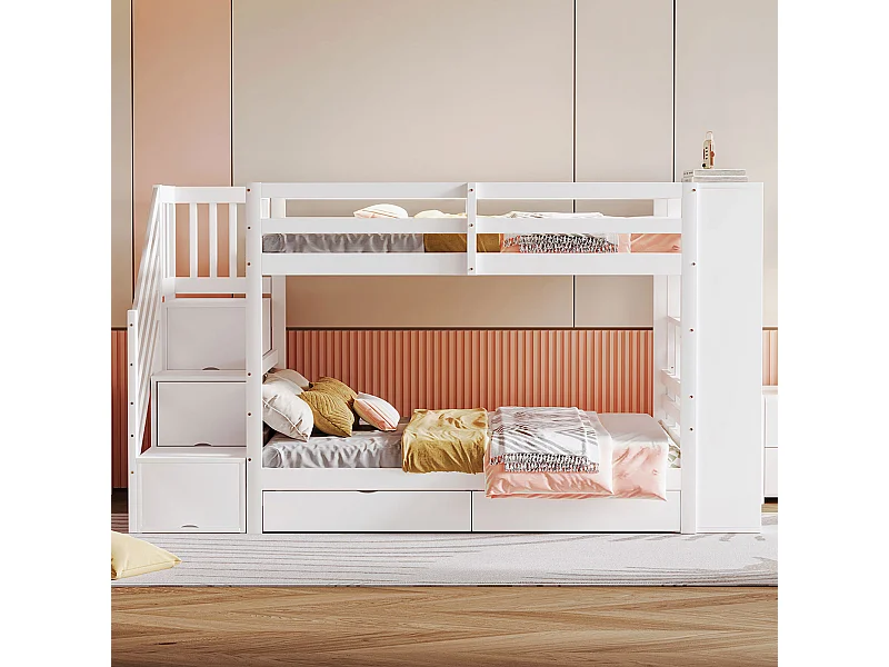 Litera infantil de pino blanco de 90x200 cm con escalera segura, cajones de almacenaje y estructura alta con somier de láminas.