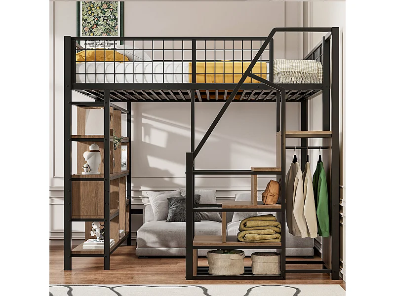 Lit mezzanine multifonction 140x200 cm noir en métal, avec rangements, étagères et escalier, adapté enfants et adultes