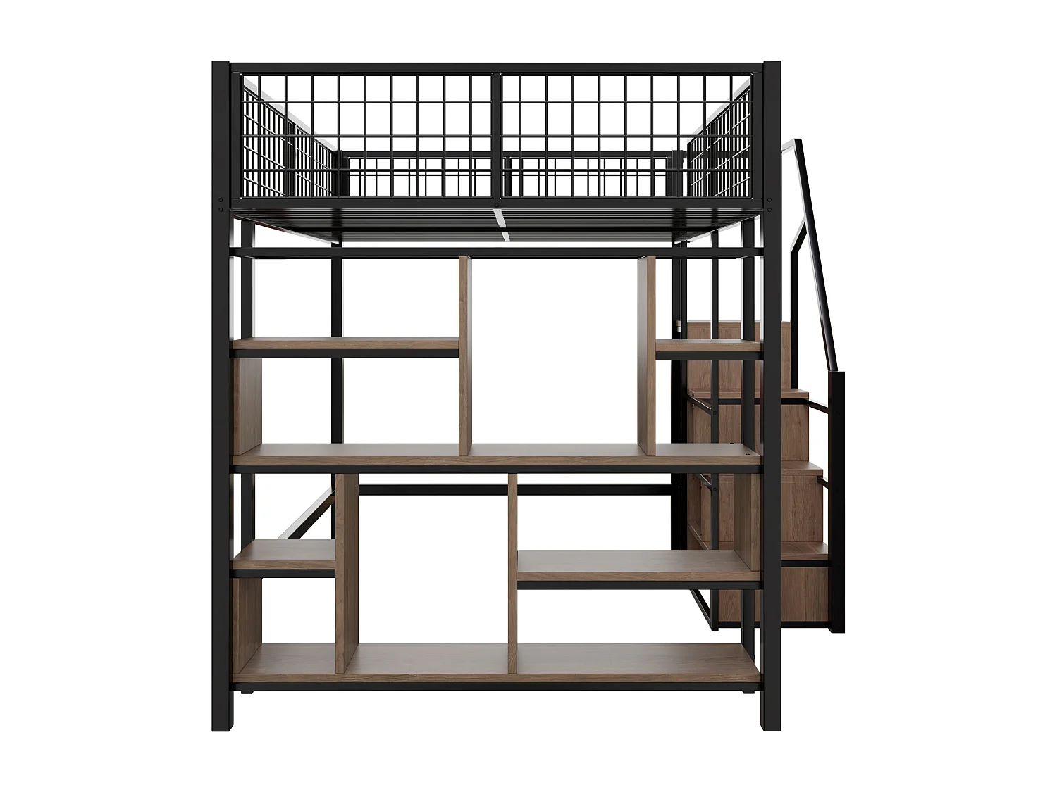 Lit mezzanine multifonction 140x200 cm noir en métal, avec rangements, étagères et escalier, adapté enfants et adultes
