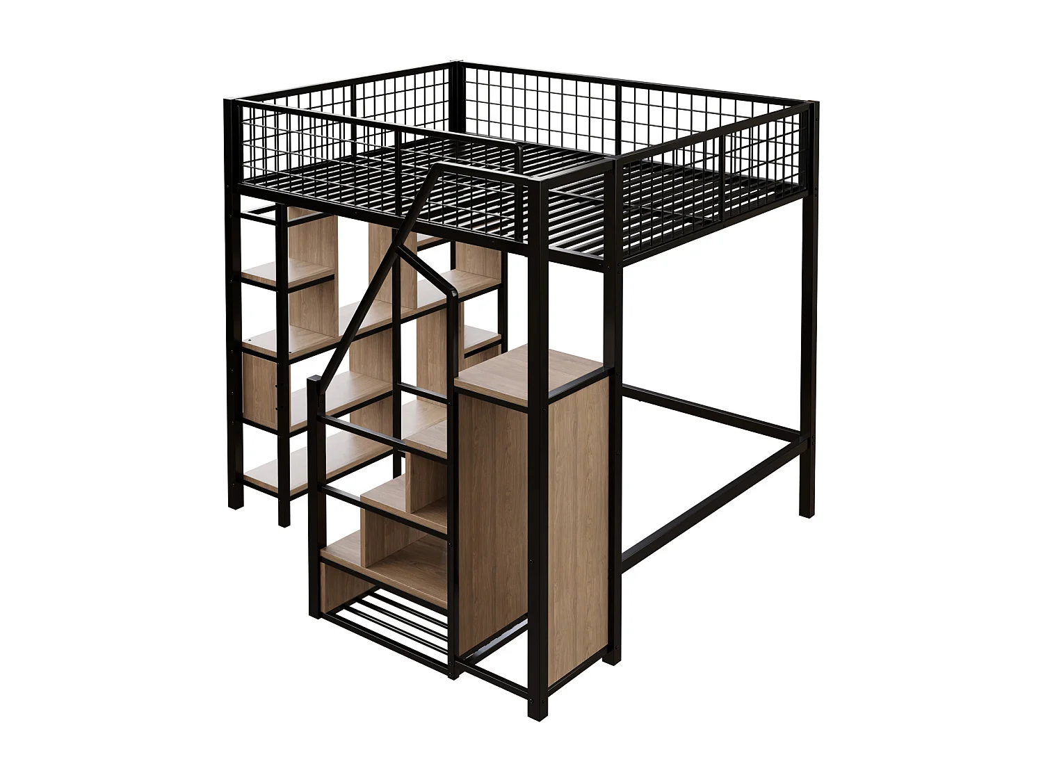 Lit mezzanine multifonction 140x200 cm noir en métal, avec rangements, étagères et escalier, adapté enfants et adultes