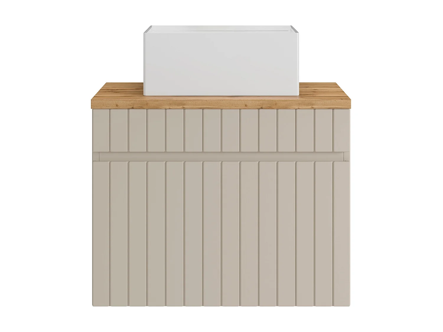 Meuble de salle de bain suspendu strié beige avec vasque à poser carrée - 60 cm - SATARA