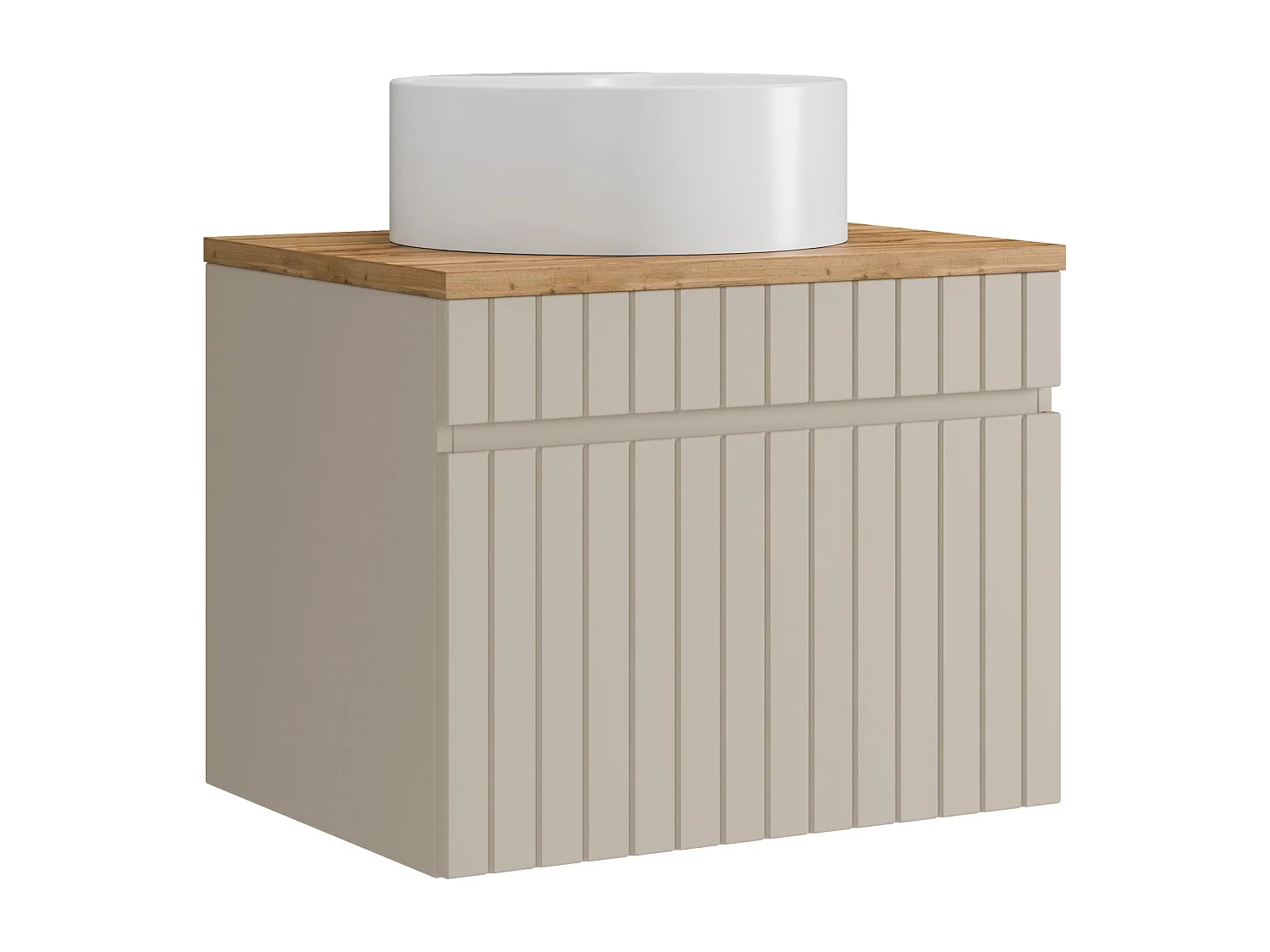 Meuble de salle de bain suspendu strié beige avec vasque à poser ronde - 60 cm - SATARA