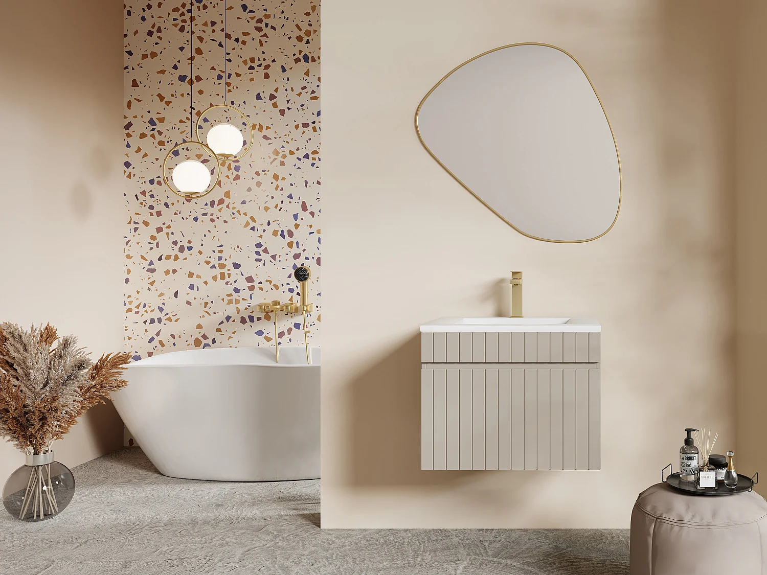 Meuble de salle de bain suspendu strié beige avec vasque à encastrer - 60 cm - SATARA