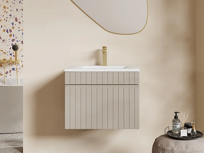 Gestreept beige zwevend badkamermeubel met inbouwwastafel - 60 cm - SATARA