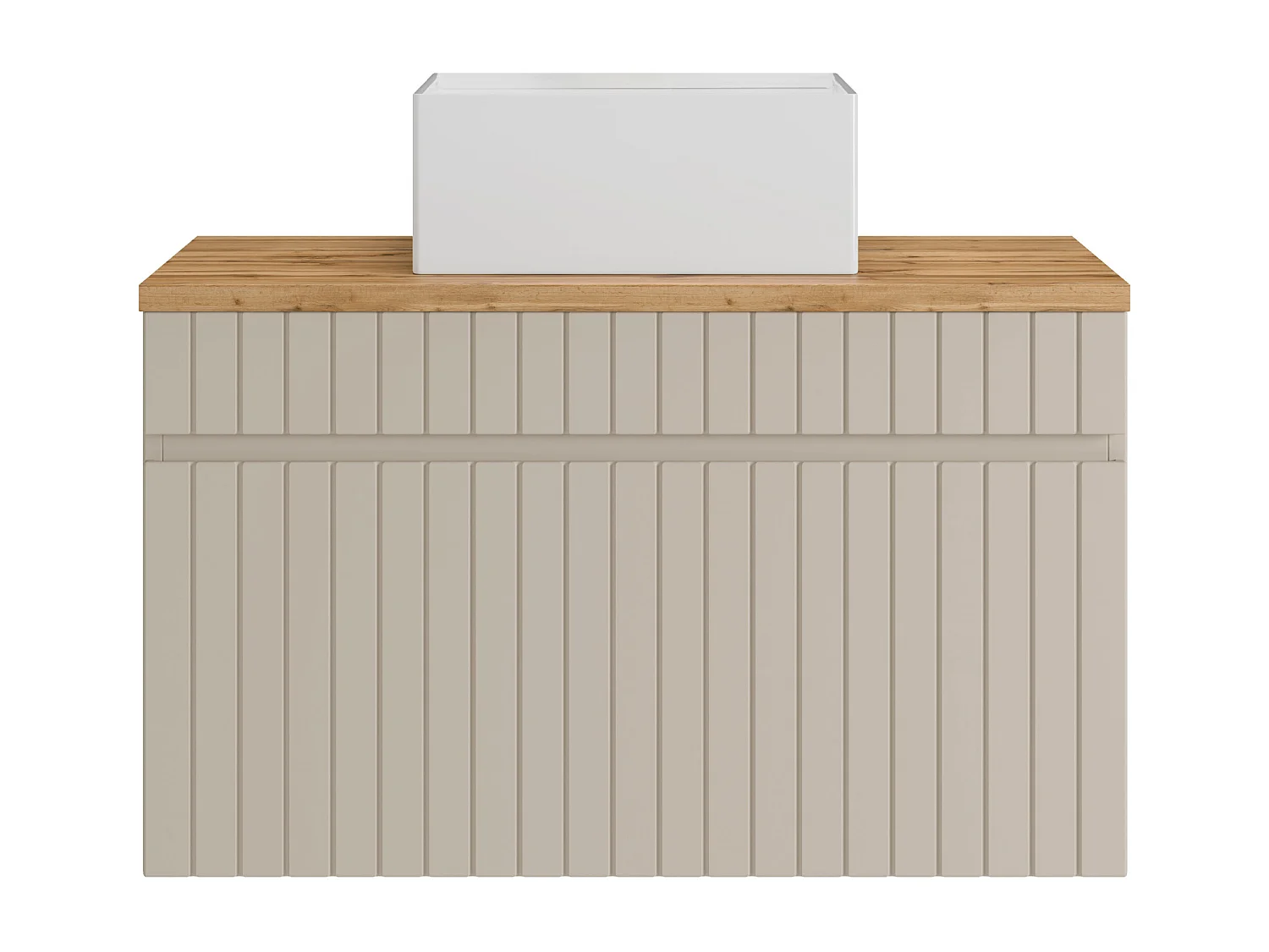 Meuble de salle de bain suspendu strié beige avec vasque à poser carrée - 80 cm - SATARA