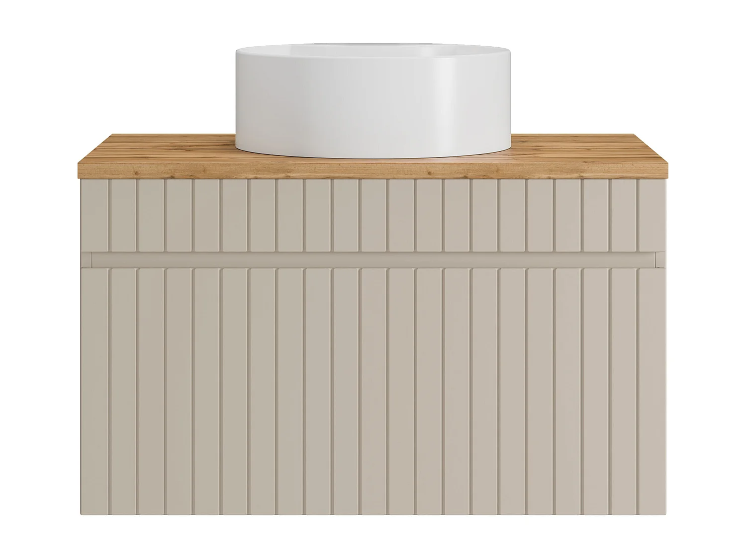 Meuble de salle de bain suspendu strié beige avec vasque à poser ronde - 80 cm - SATARA