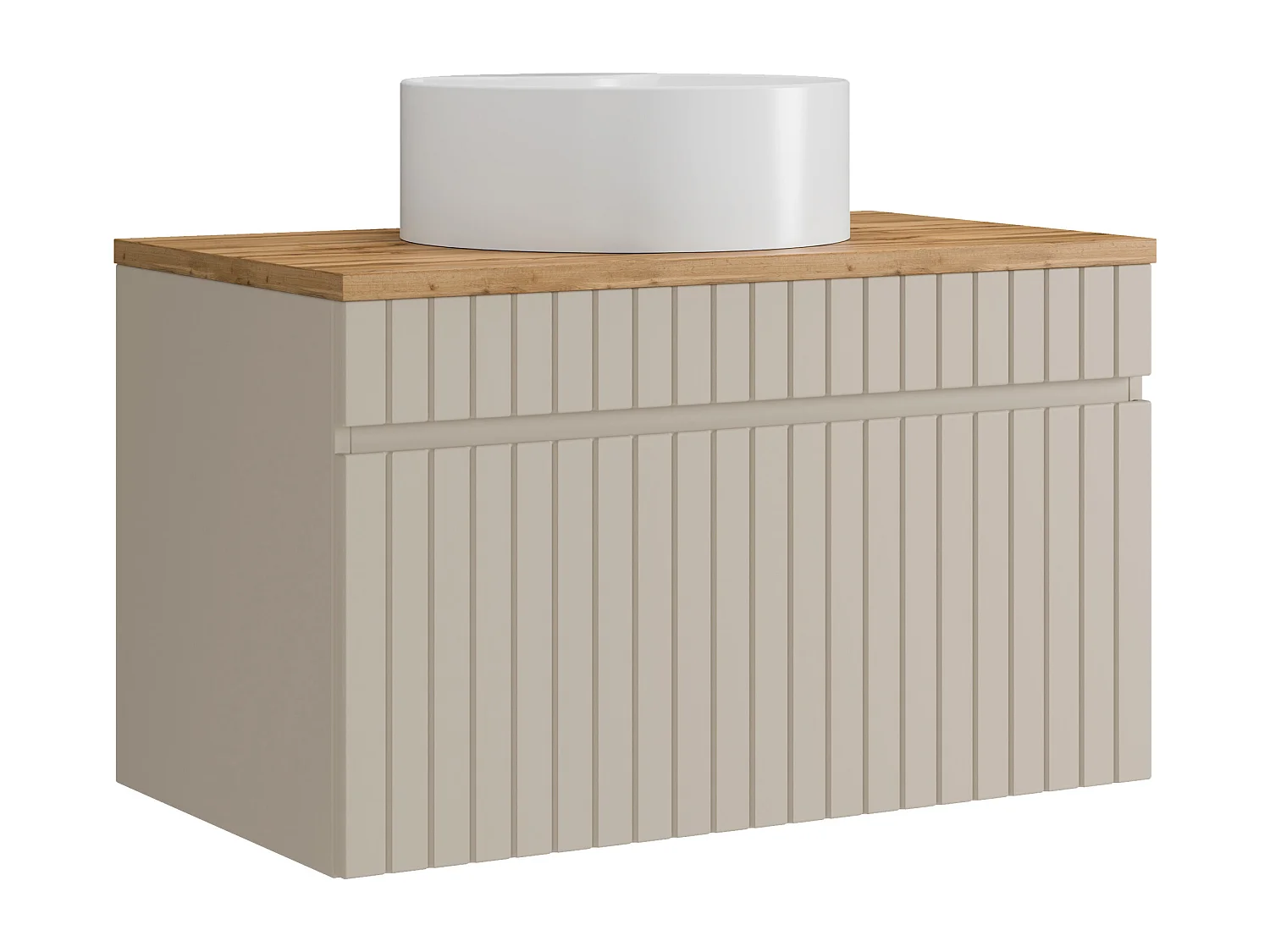 Meuble de salle de bain suspendu strié beige avec vasque à poser ronde - 80 cm - SATARA