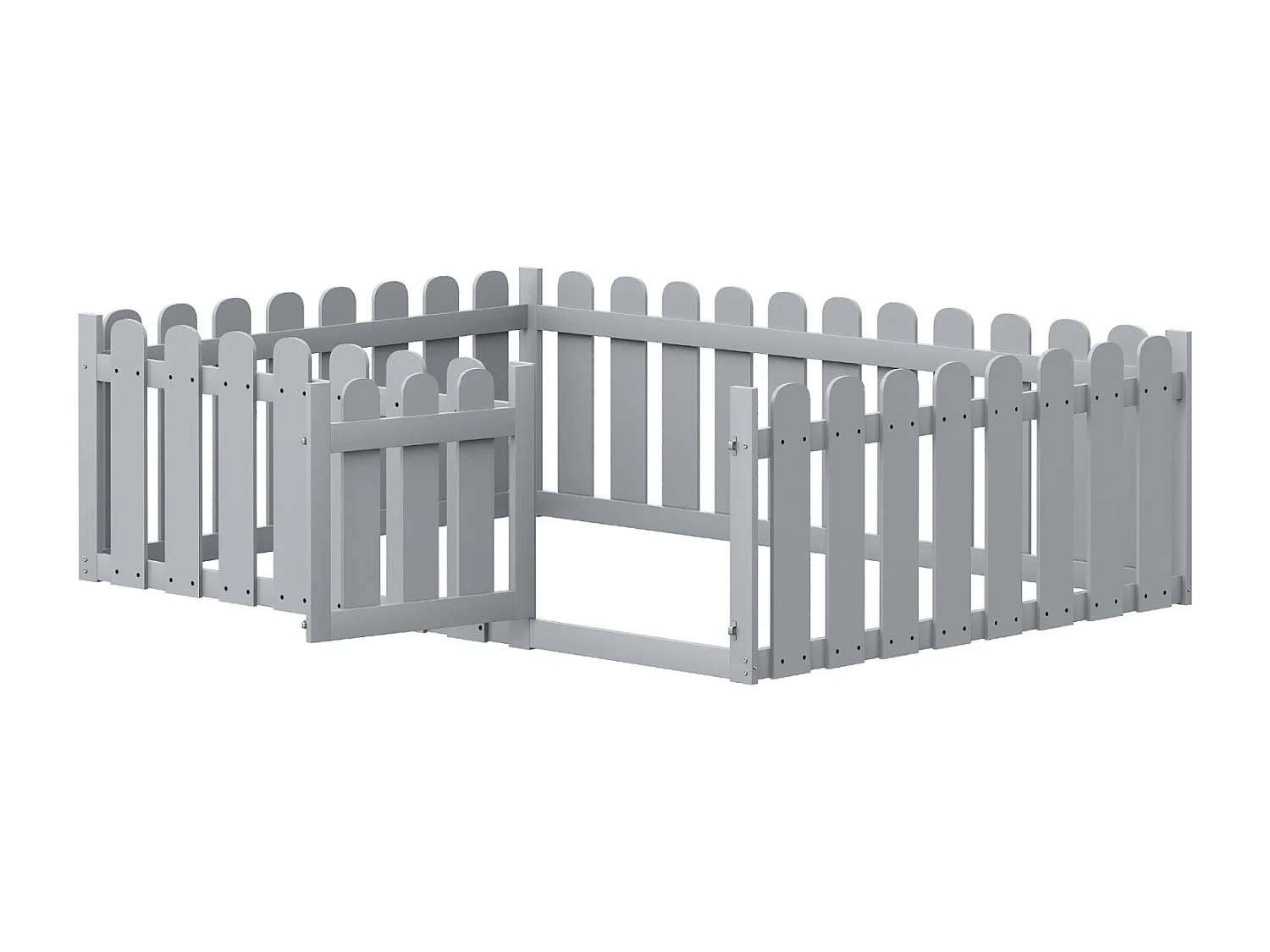 Cama infantil de madeira, 140x200 cm, com grades de proteção e porta pequena, estrutura robusta e segura, cor cinza.