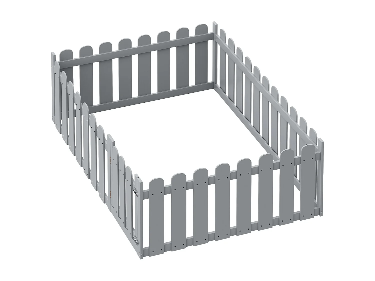 Cama infantil de madeira, 140x200 cm, com grades de proteção e porta pequena, estrutura robusta e segura, cor cinza.