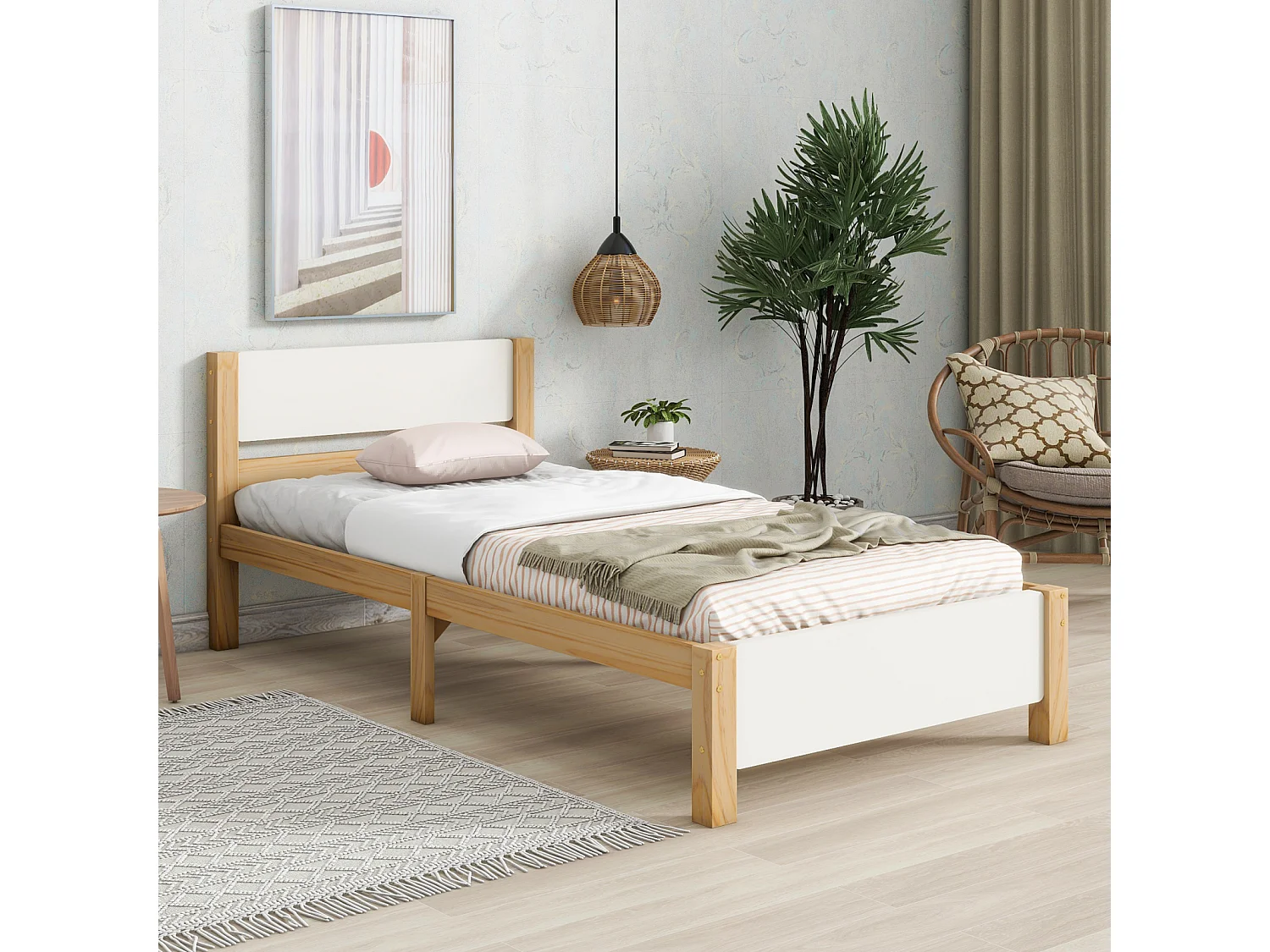 Cama individual de 90x200 cm en pino con pata central de soporte, cabecero y piecero en MDF – Para adolescentes y adultos, acabado blanco y natural