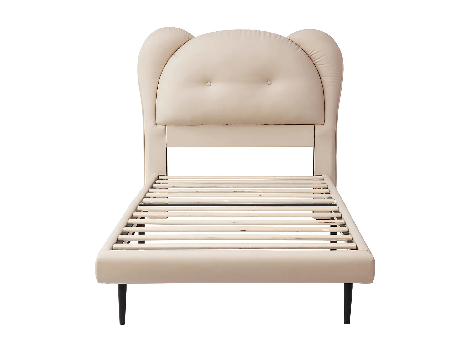 Cama infantil de 90x200 cm en piel sintética beige, cabecero con forma de animal, robusta estructura metálica con somier de láminas.