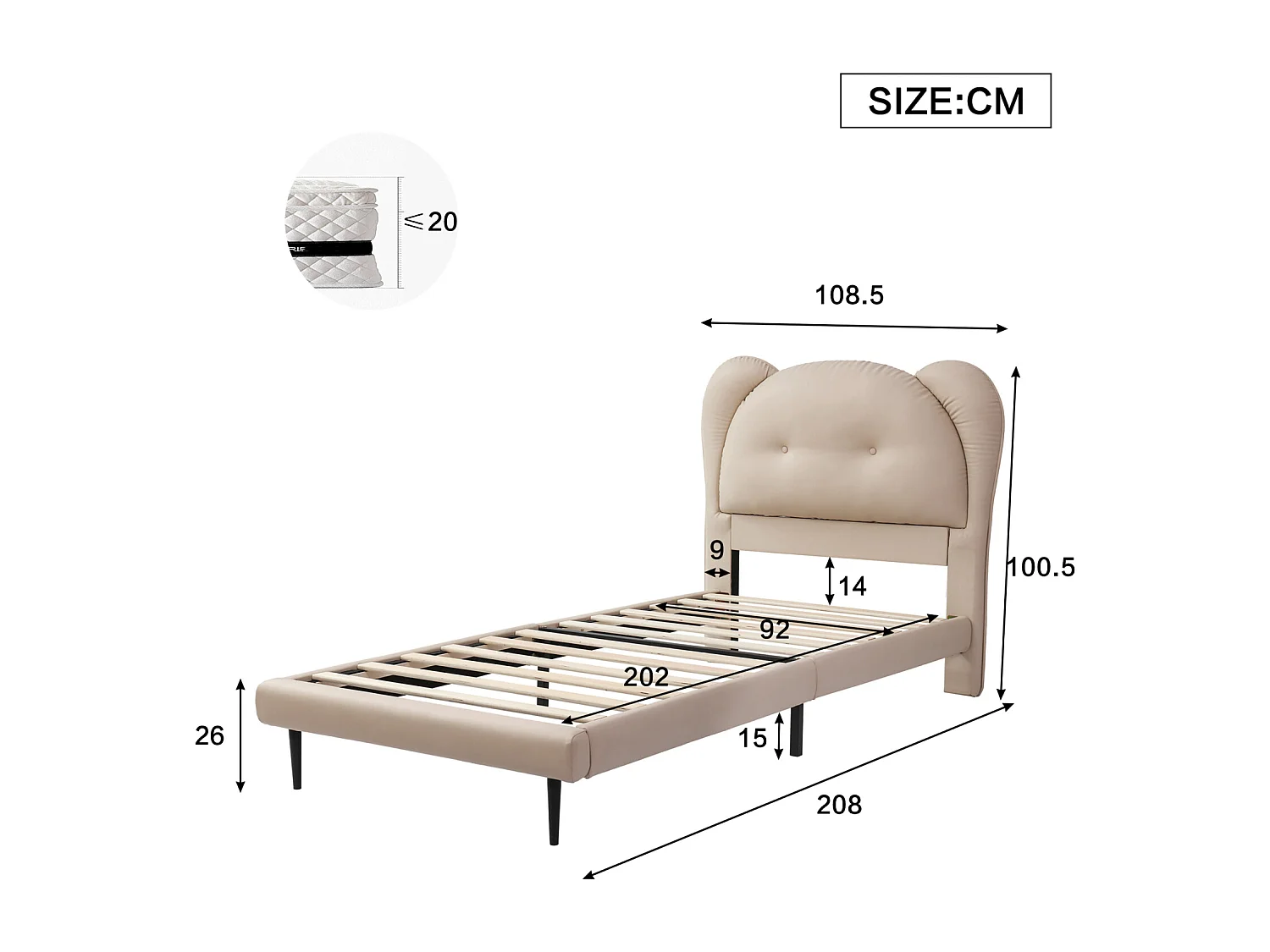 Cama infantil de 90x200 cm en piel sintética beige, cabecero con forma de animal, robusta estructura metálica con somier de láminas.