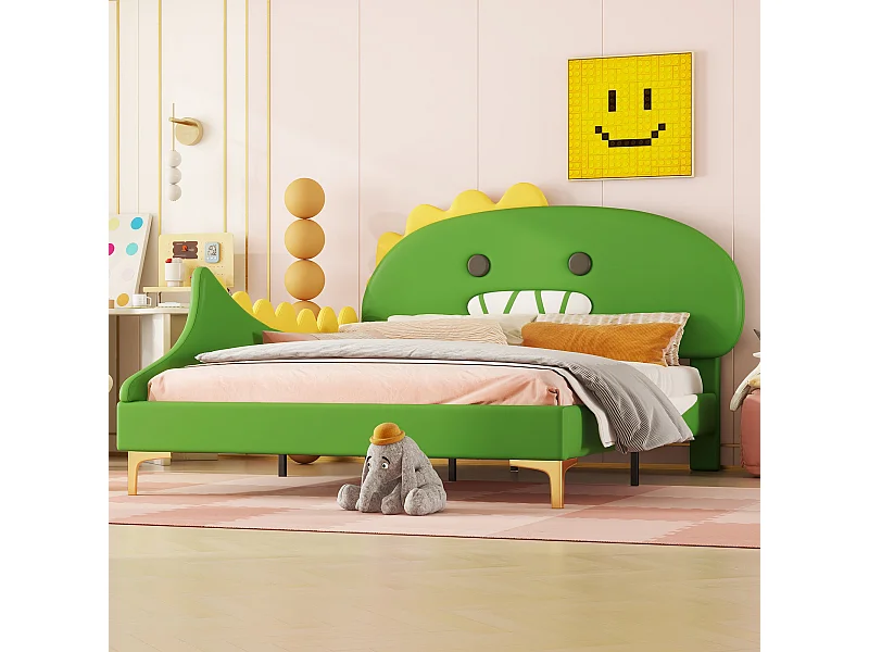 Cama infantil de 140x200 cm con forma de dinosaurio verde en poliuretano: una cama plana divertida y cómoda para niños.