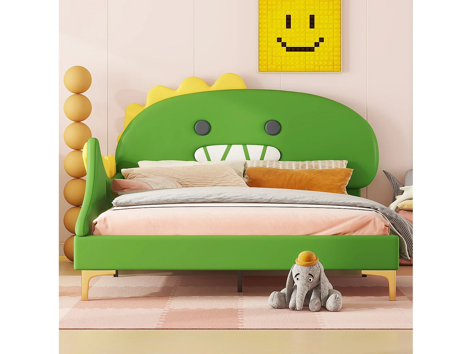 Cama infantil de 140x200 cm con forma de dinosaurio verde en poliuretano: una cama plana divertida y cómoda para niños.