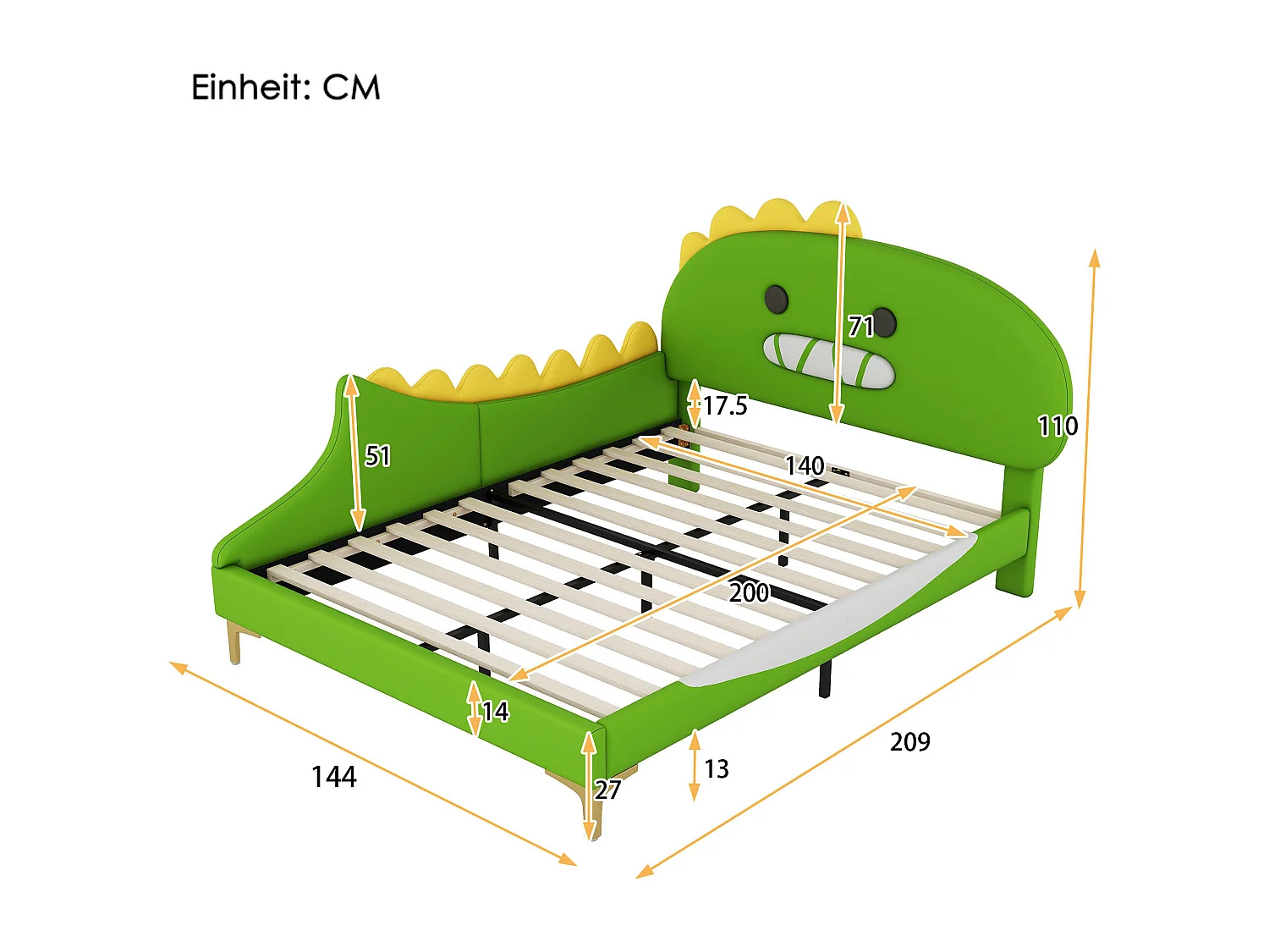 Cama infantil de 140x200 cm con forma de dinosaurio verde en poliuretano: una cama plana divertida y cómoda para niños.