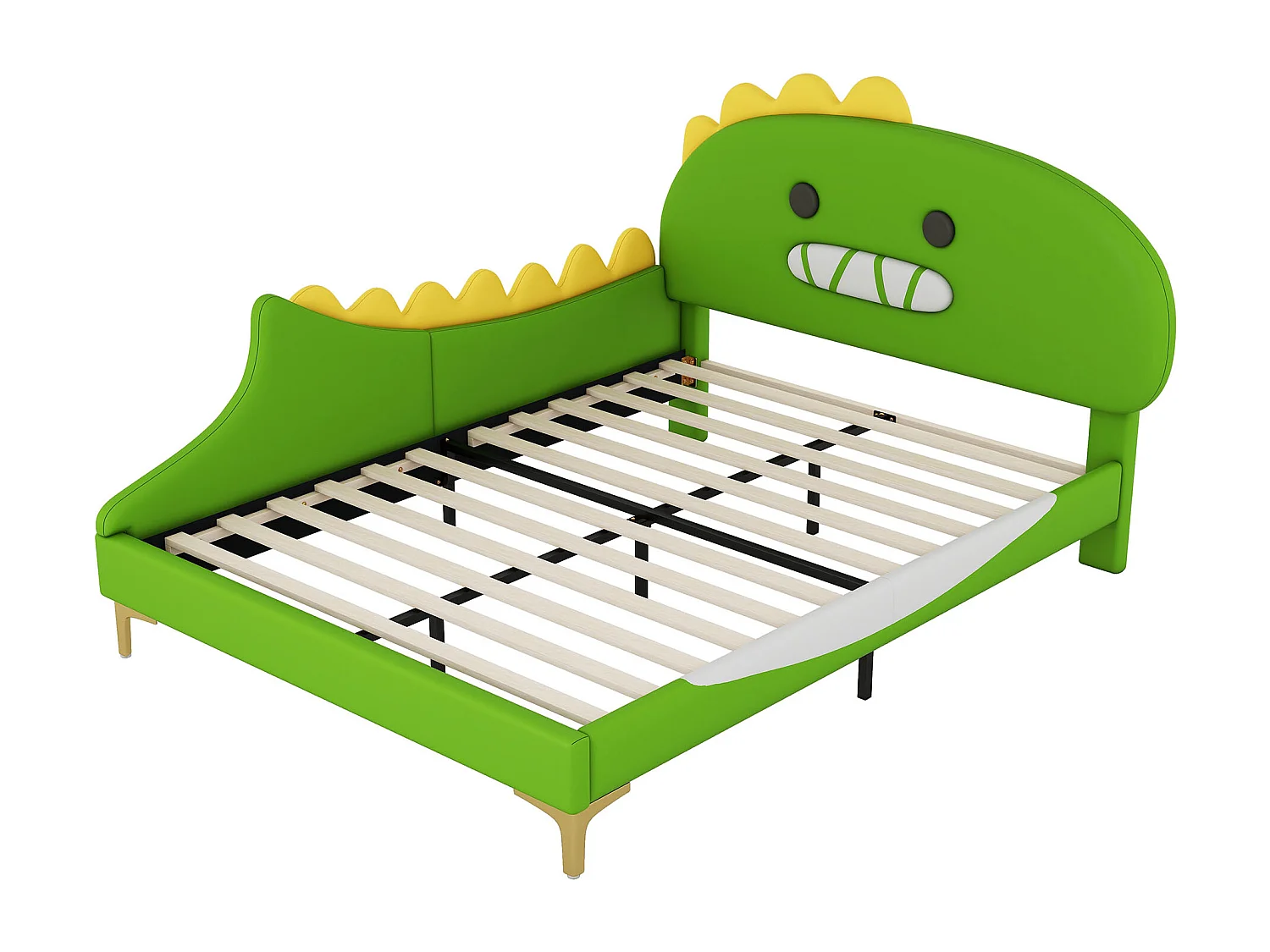 Cama infantil de 140x200 cm con forma de dinosaurio verde en poliuretano: una cama plana divertida y cómoda para niños.