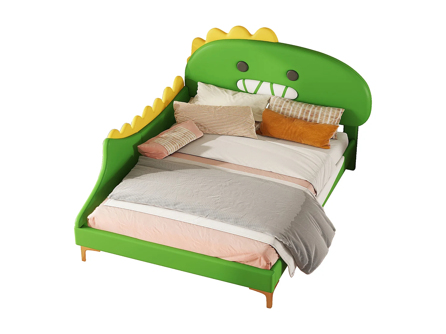 Cama infantil de 140x200 cm con forma de dinosaurio verde en poliuretano: una cama plana divertida y cómoda para niños.