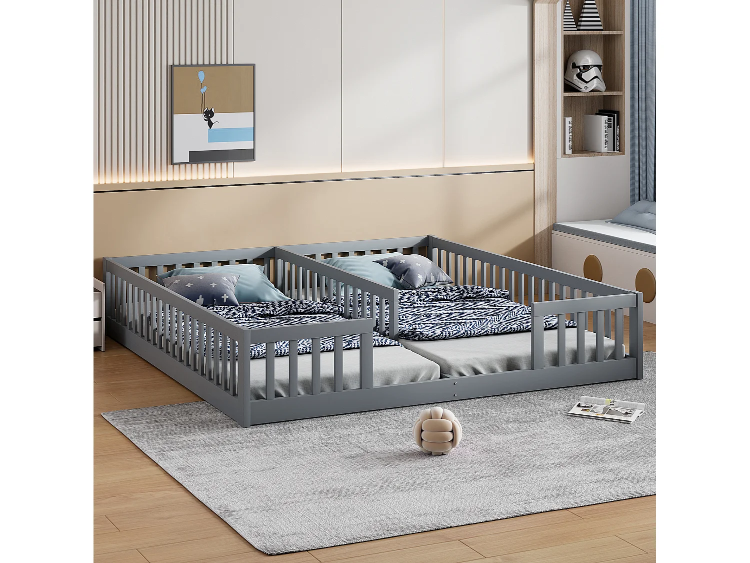 Cama infantil 90x200 cm com grades de proteção e estrado de ripas, sem colchão – Cama de pinho, estilo minimalista, cinza