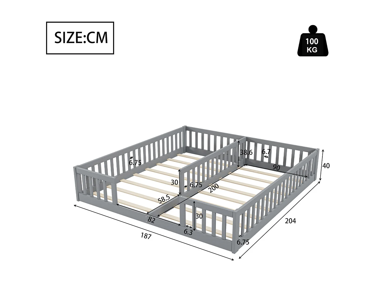 Cama infantil 90x200 cm com grades de proteção e estrado de ripas, sem colchão – Cama de pinho, estilo minimalista, cinza